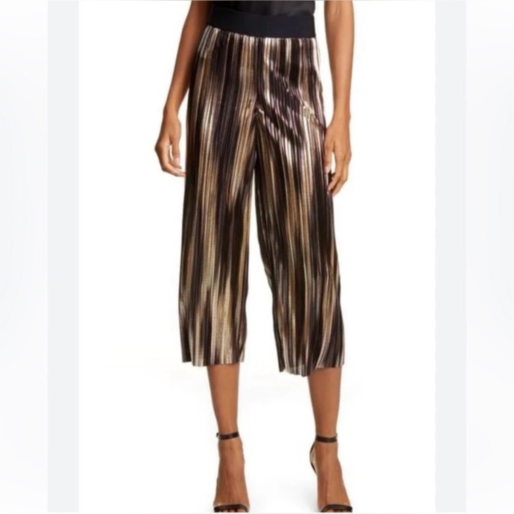 NWT Alice + Olivia Elba Metallic Black and Gold Striped Cropped Pants Size XL